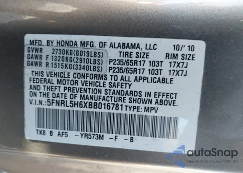 2011 Honda Odyssey Ex-L z USA, uszkodzony, nr VIN 5FNRL5H6XBB016781